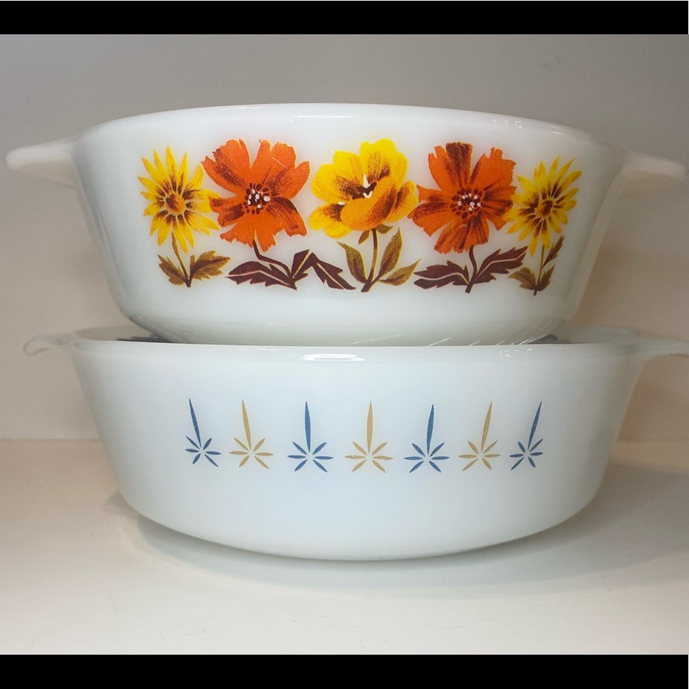 Fire King Baking Dish 437 Round Vintage Set/Two Yellow Flower 436 Anchor Hocking